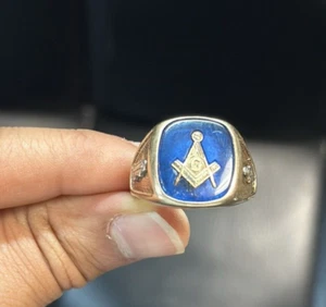 10k Yellow Solid Gold Masonic Mason's Men's Ring Blue Size 10 Weight 14.5 Grams - Picture 1 of 8