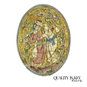 Antiguo Persa Iznik Qajar Estilo Cerámica Cerámica Ovalado Azulejos Abrazo Pareja C3 - Imagen 1 de 10