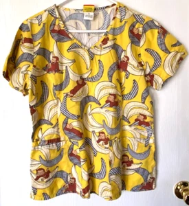 CURIOUS GEORGE CHIMP AND BANANA PRINT LADIES MEDIUM SCRUB UNIFORM TOP - Picture 1 of 6