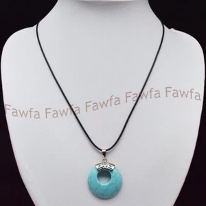 28mm Blue Turquoise Hollow Round Ring Pendant Black Leather Rope Necklace 18'' - Picture 1 of 4