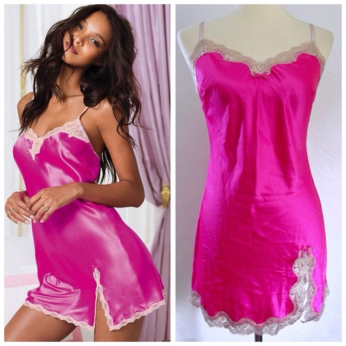 UNDERCOVER Camicia slip vintage Y2K Victoria's Secret S P fantastico rosa neon pizzo raso iconico