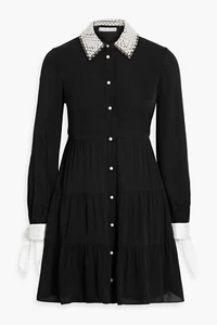 $595 alice + olivia Meeko Embellished-Collar Twill Mini Shirt Dress | Black | 6 - Picture 1 of 20