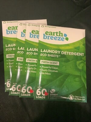(Lot of 4) Earth Breeze Laundry Detergent Eco-Sheets 60-Loads Each, Fresh Scent