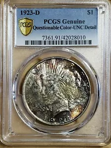 1923 D Argento Peace Dollaro Tonizzato PCGS Dettaglio Unc 8010 - Foto 1 di 3