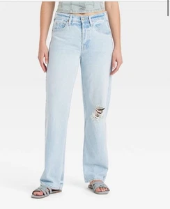 Pantalones de mezclilla holgados para mujer tiro medio años 90 - Universal Thread Light Wash Destroy 16S - Imagen 1 de 4