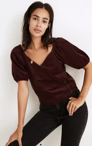 NEW Madewell Corduroy Velvet Short Puff Sleeve Wrap Top Blouse Dark Fig Large - Picture 1 of 8