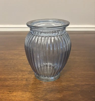 Blue Ribbed Ovoid Shape Glass Vase Flower Holder 7" Tall  - Image 1 of 4