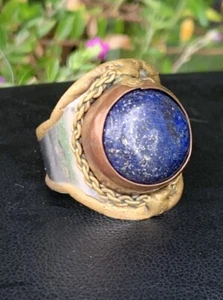 Bohemian Blue Lapis Ring Brass Copper Silver Metal Brutalist Vintage Statement I - Picture 1 of 13