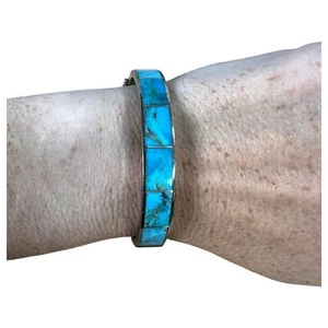 Jay King Desert Rose DTR Sterling Silver 925 Inlaid Turquoise Hinged Bracelet - Picture 1 of 5