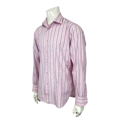 Gianni Orvietto Mens 17-36 Super Fine Cotton Italy Pink Blue Striped Dress Shirt - Image 1 of 4