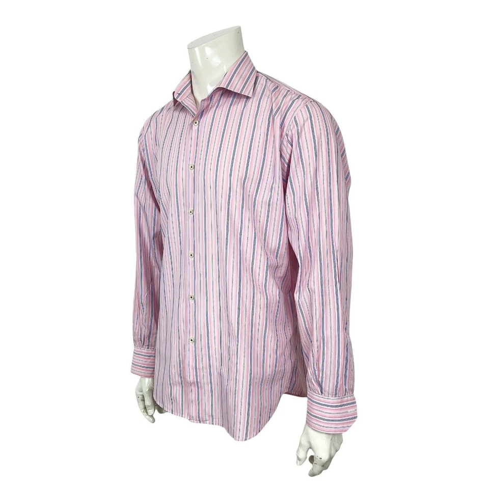 Camisa de vestir a rayas Gianni Orvietto para hombre 17-36 algodón súper fino Italia rosa azul Foto 1 de 4