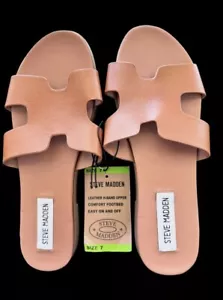 Brand New Steve Madden Genuine Leather H-Band Camel Comfortable Slides Sandals - Picture 1 of 5