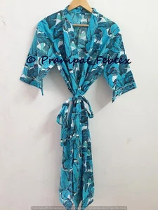 Bata kimono de algodón hecha a mano turquesa con estampado de hojas de plátan... - Imagen 1 de 7