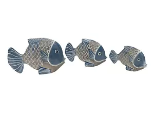 GROSSES HANDGESCHNITZTES SET 3 HOLZ FISCH KUNST MODERN WOHNDEKO INSEL MODERN TIKI - Bild 1 von 4