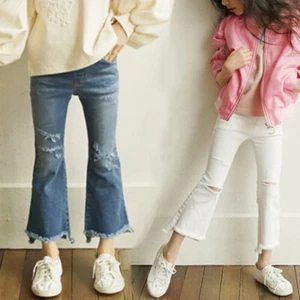 Girls Kids Ripped Flare Jeans Elastic Waist Raw Hem Bell Bottom Denim Pants - Picture 1 of 12