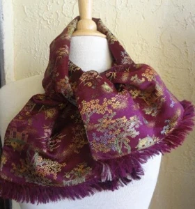 VTG CRANBERRY SATIN CHINESE OBLONG fringed SCARF 42" X 9"   people houses trees - Picture 1 of 9