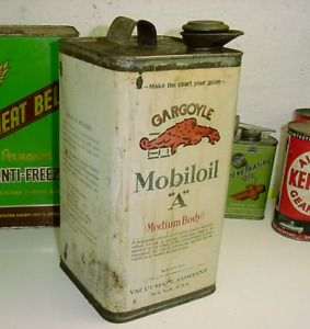 Old Original 1920s era GARGOYLE MOBILOIL "A" MOTOR OIL Graphic 1 gallon Tin Can