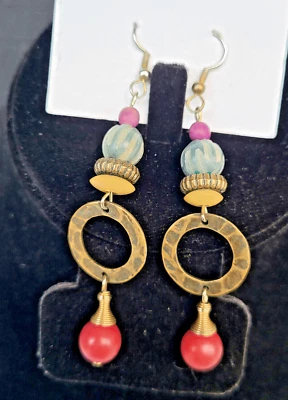 Bohemian Hippy Artisan Purple Green Red Bronze Dangle Drop Earrings 3.25" - Image 1 of 3