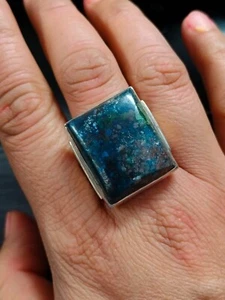 Huge Natural Square Chrysocolla Ring Solid Silver 925 Gemstone Jewelry Men Women - Picture 1 of 7