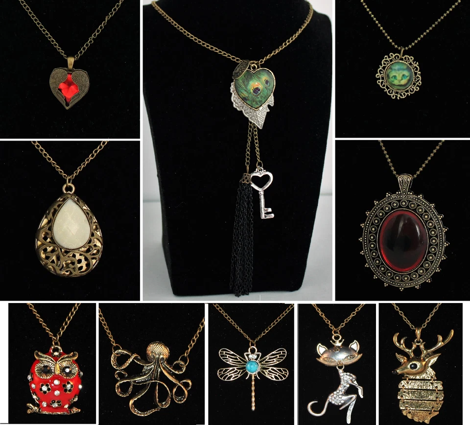 XXL Vintage Halskette Damen Hirsch Eule Tropfen Katze Libelle Krake Herz Neu - Bild 1 von 1