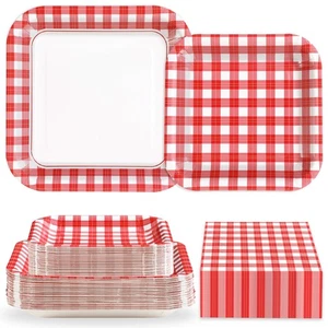 200 Pcs Red Gingham Party Decorations Red and White Checkered Plaid Square Pl... - Picture 1 of 8