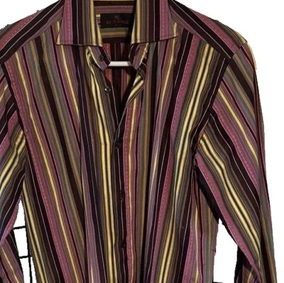 ETRO Striped Long Sleeve Shirt Mens 38 Brown Cotton Collared Work Pink - Image 1 of 4