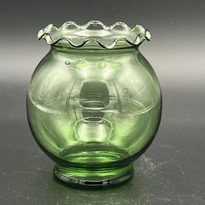 Vintage Anchor Hocking Green Glass Ruffled Rim 5.25" Ball Flower Vase 1950's - Picture 1 of 8