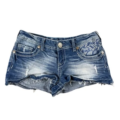 Y2K Amethyst Jean Shorts Women's 5 Cutoff Daisy Dukes Thrashed Embroidered - Image 1 of 4
