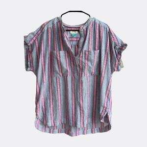 Anthropologie Maeve Stripe Popover Top Short Sleeve Pink Blue 1X Pockets - Picture 1 of 6