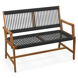 Patio 2-Person Acacia Wood Bench All-Weather Rope Woven Outdoor Garden Natural - Picture 1 of 9