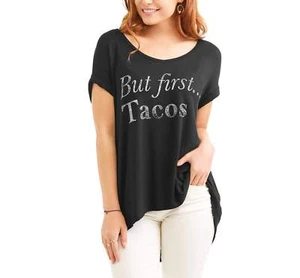 "Divertida ""pero primero Tacos"" Mangas Cortas Cuello en V Calce Relajado Blusa Talla M --B5-- - Imagen 1 de 4