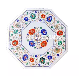 White Marble Table Semiprecious Inlay Work Home Decor Gift 18" Octagonal - Picture 1 of 7