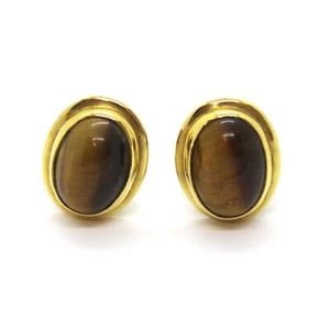 Orecchini a Clip in Oro Giallo 18k con Occhio di Tigre - Senza buco orecchie - Foto 1 di 2