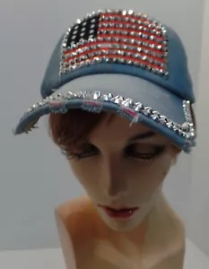 Studio Select Adjustable Sizeing Sparkling Denim Baseball Cap W American Flag - Picture 1 of 9