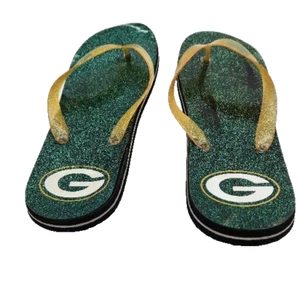 Green Bay Packers Flip Flops Thongs Sandals Women’s 9/10 Green Gold Sparkle - Picture 1 of 5