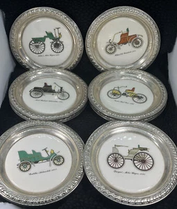 Vintage Sterling Silver Porcelain Antique Cars Drink Coasters Set Of 8 356g - Picture 1 of 14