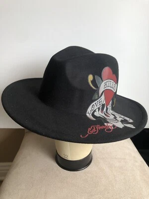 ED HARDY Fedora Sombrero Negro Calavera y Corazón, Rosas Dragón Talla Única El Amor Mata Lentamente Foto 1 de 4