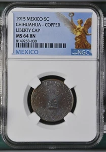 1915 Mexico 5 Centavos Chihuahua Copper Liberty Cap NGC MS 64 BN - Picture 1 of 2