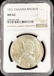1931 SILVER PANAMA 1 BALBOA VASCO NUNEZ COIN NGC MINT STATE 62 KEY DATE - Picture 1 of 2