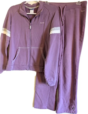 Women's Vintage Reebok Fleece Tracksuit Purple Grey and White Stripes Size Med - Image 1 of 4