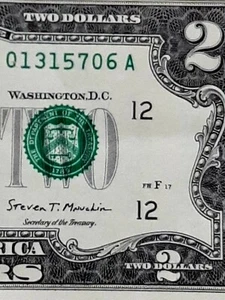 2017 $2 shift error green seal & serial number shifted far up+ misaligned print - Picture 1 of 3