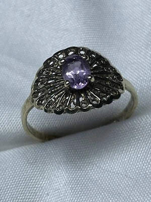 Oval Cut Amethyst Gold Over Sterling Silver 925 Ring Purple Estate JTC Size 7.75 - Image 1 of 4