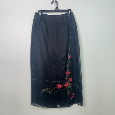 Clio Petites Black Silk Midi Skirt Floral Embroidered Sheer Fairy Grunge Size 12 - Image 1 of 4