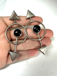 Sterling Silver Earrings Black Onyx Kinetic Triangle Shape Large Size - Picture 1 of 5