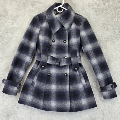 Abrigo para mujer Miss Sixty S azul negro mezcla de lana a cuadros con cinturón doble pecho Foto 1 de 4