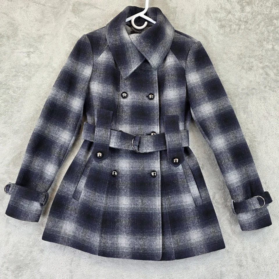 Abrigo para mujer Miss Sixty S azul negro mezcla de lana a cuadros con cinturón doble pecho Foto 1 de 4