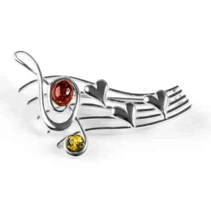 Genuine Baltic Amber Music Sheet Song Brooch Gift For Her in 925 Sterling Silver - Picture 1 of 5