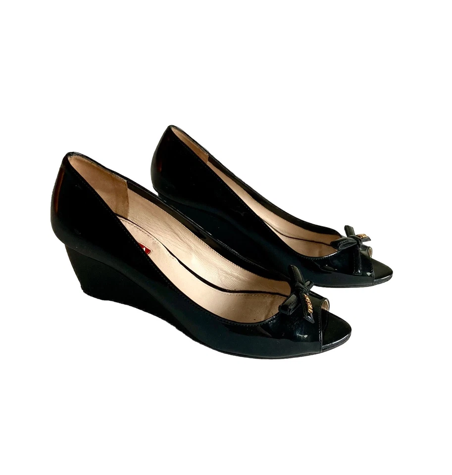 Prada Black Patent Leather Bow Logo Open Toe Wedges size EUR 38, US 7.5 - Image 1 of 4