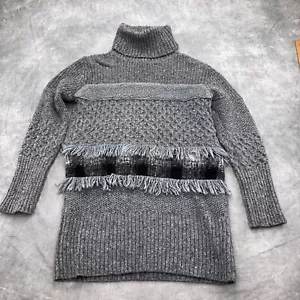 Banana Republic Sweater Women Medium Gray Plaid Fringe Fur Wool Blend Turtleneck - Picture 1 of 10