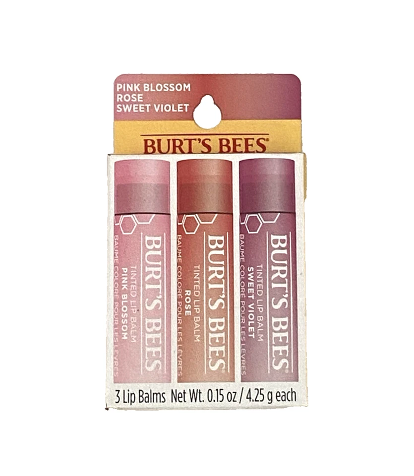 Burt's Bees 100 Natural Tinted Lip Balms 3 PK Pink Blossom/sweet Violet/rose